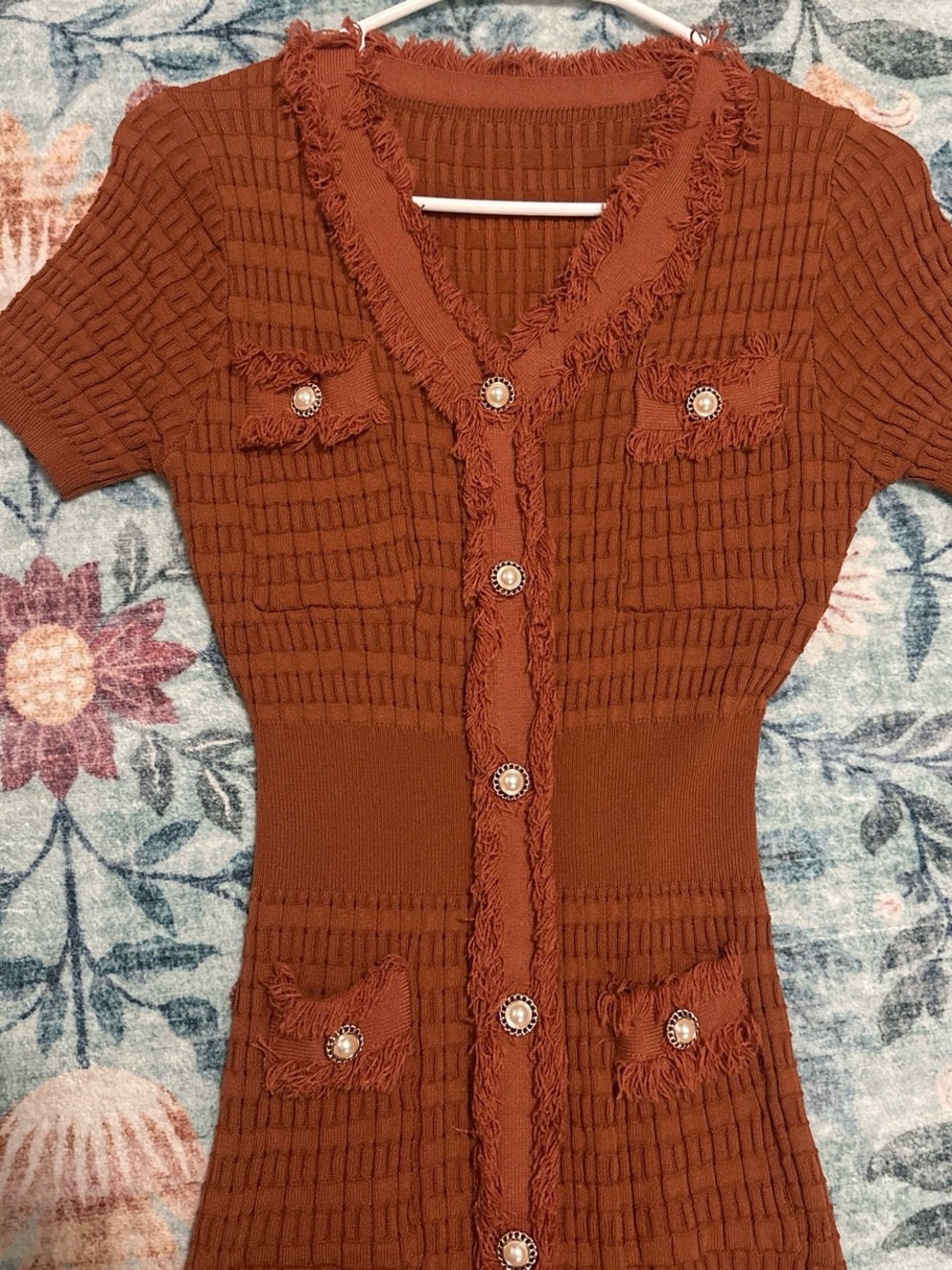 Kids Fringe-Trim Short Sleeve Knit Dress - Rust